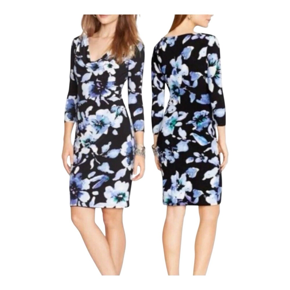 Ralph Lauren Women's Navy Blue Floral Cowl Neck Dress Size 8 Ruched Stretch